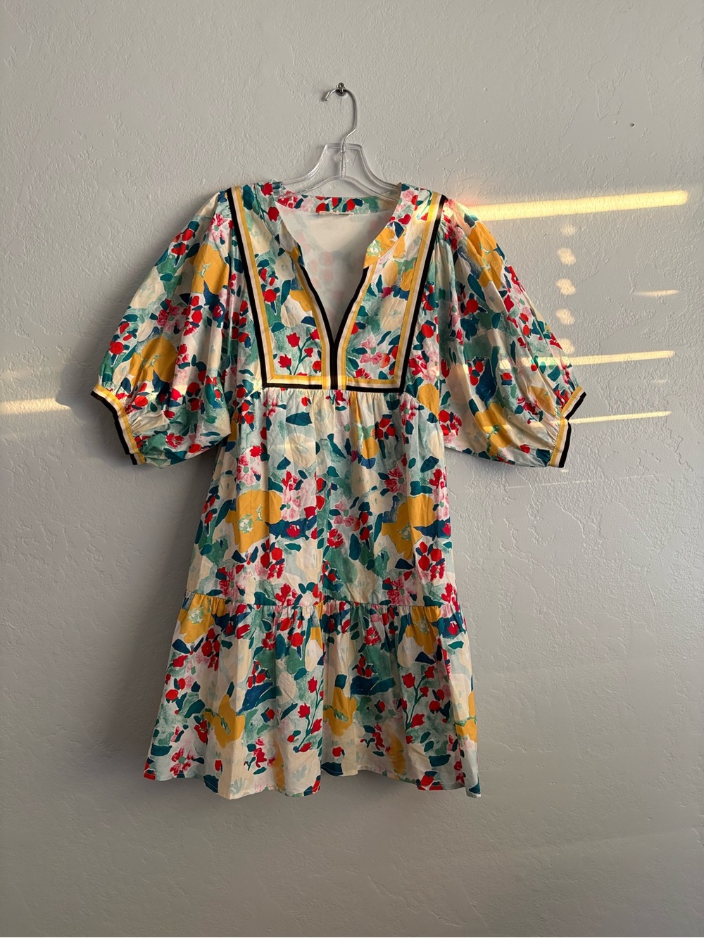 ❤️NEW entro Floral Puff-Sleeve V-Neck Summer Dress in White, Yellow & Teal